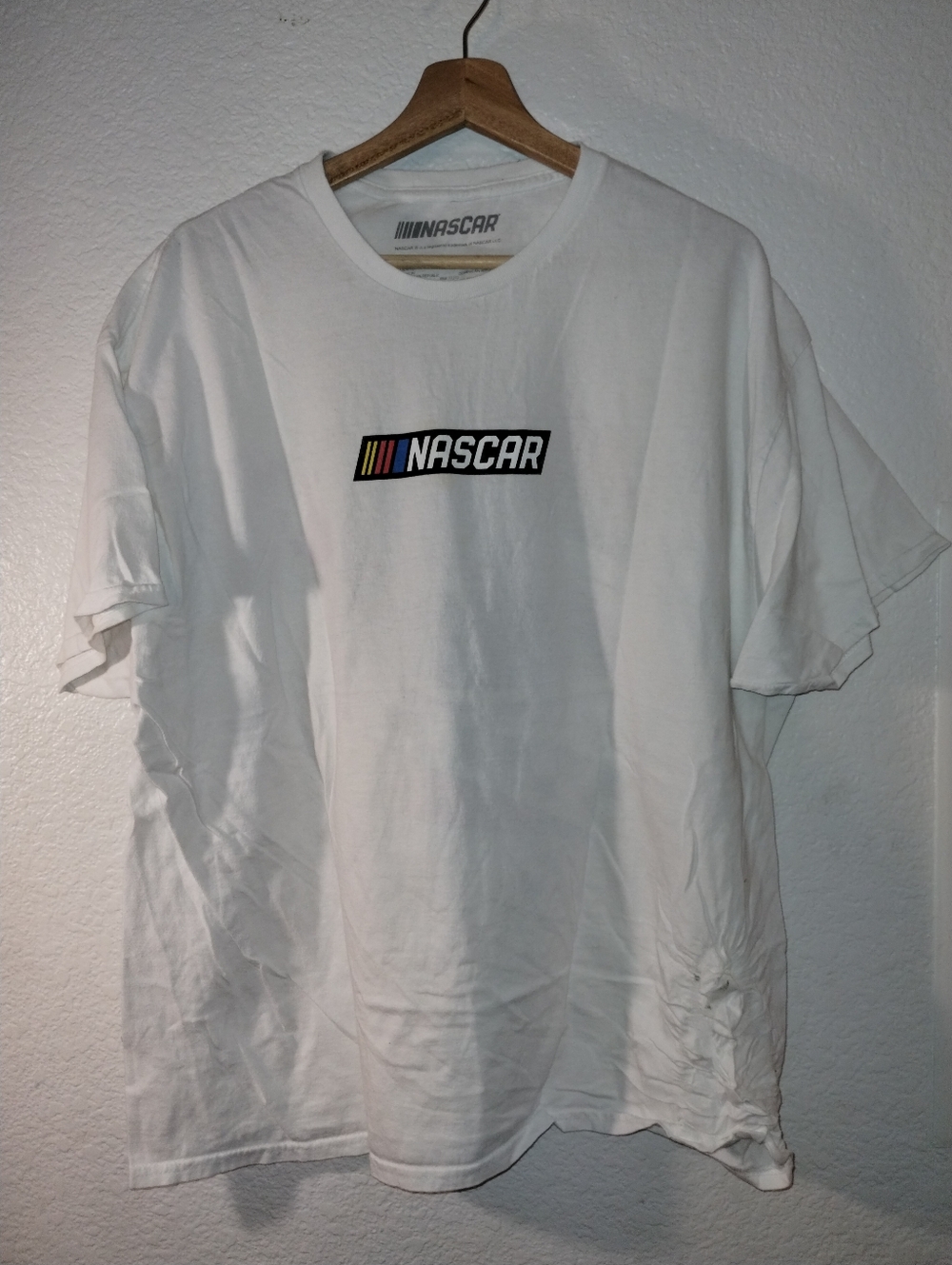 Nascar White Tee Size XL with Black Car Neon Rainbow Logo